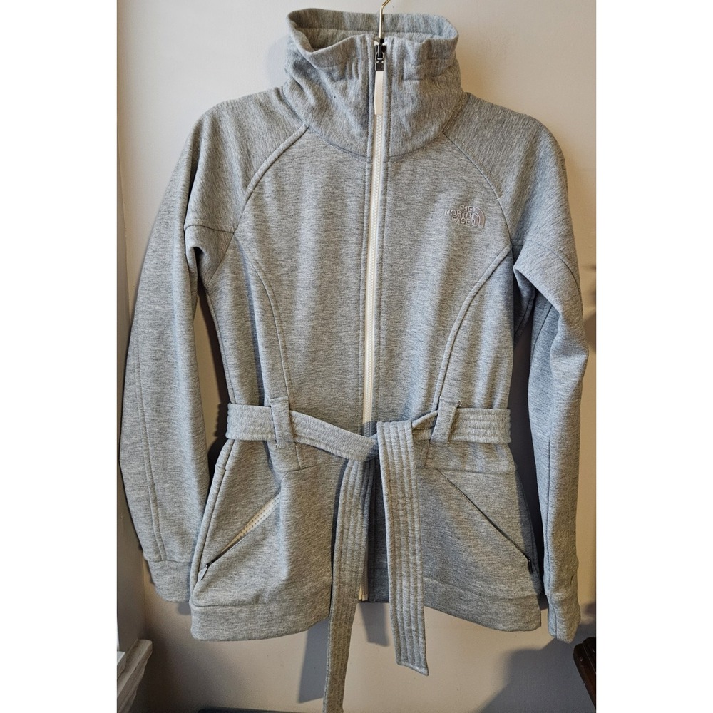 The North Face Women's Small Gray Full Zip Fleece Jacket Tie Waist Mock Neck - Picture 1 of 13
